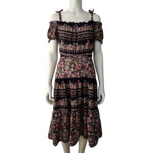 Vintage 1970s Black Cotton Off Shoulder Striped Floral A Line Midi Dress